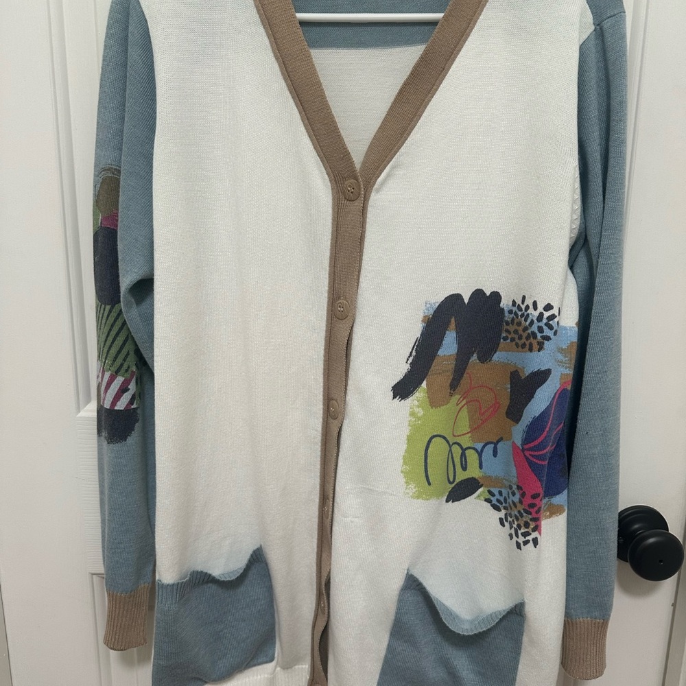Boutique‎ Womens Cream & Blue Abstract Print Button Cardigan Sweater size Large